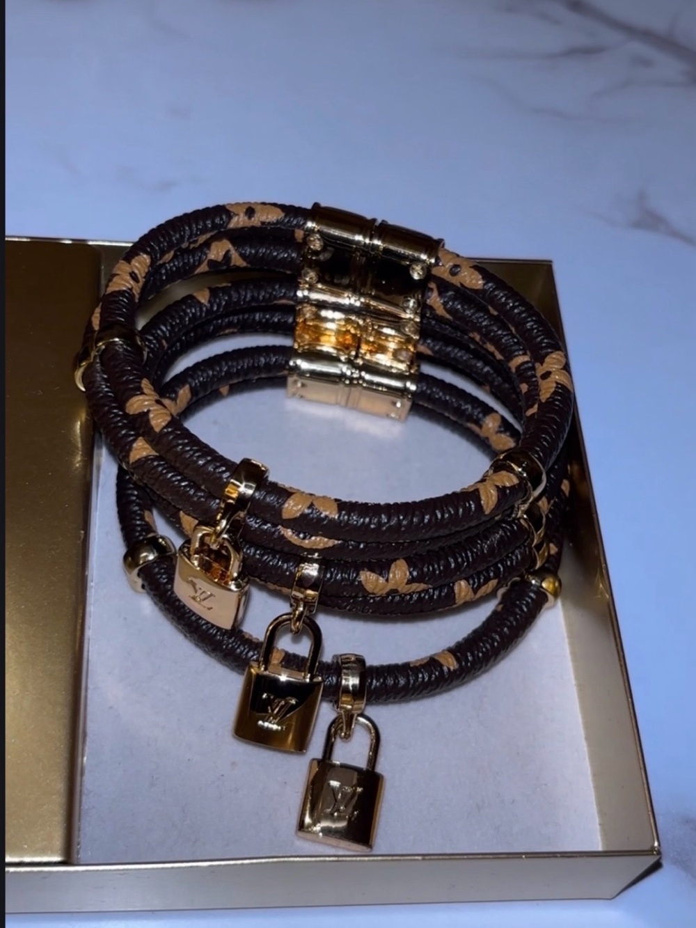 Brown and Gold Leather Wrap Bracelet with Padlock Charms